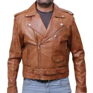 Brown Infinity Men’s Slim Fit Cross Zip Brando Leather Jacket