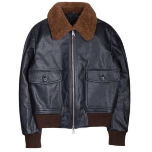 Black Leather Aviator Shearling Collar Bomber Jacket